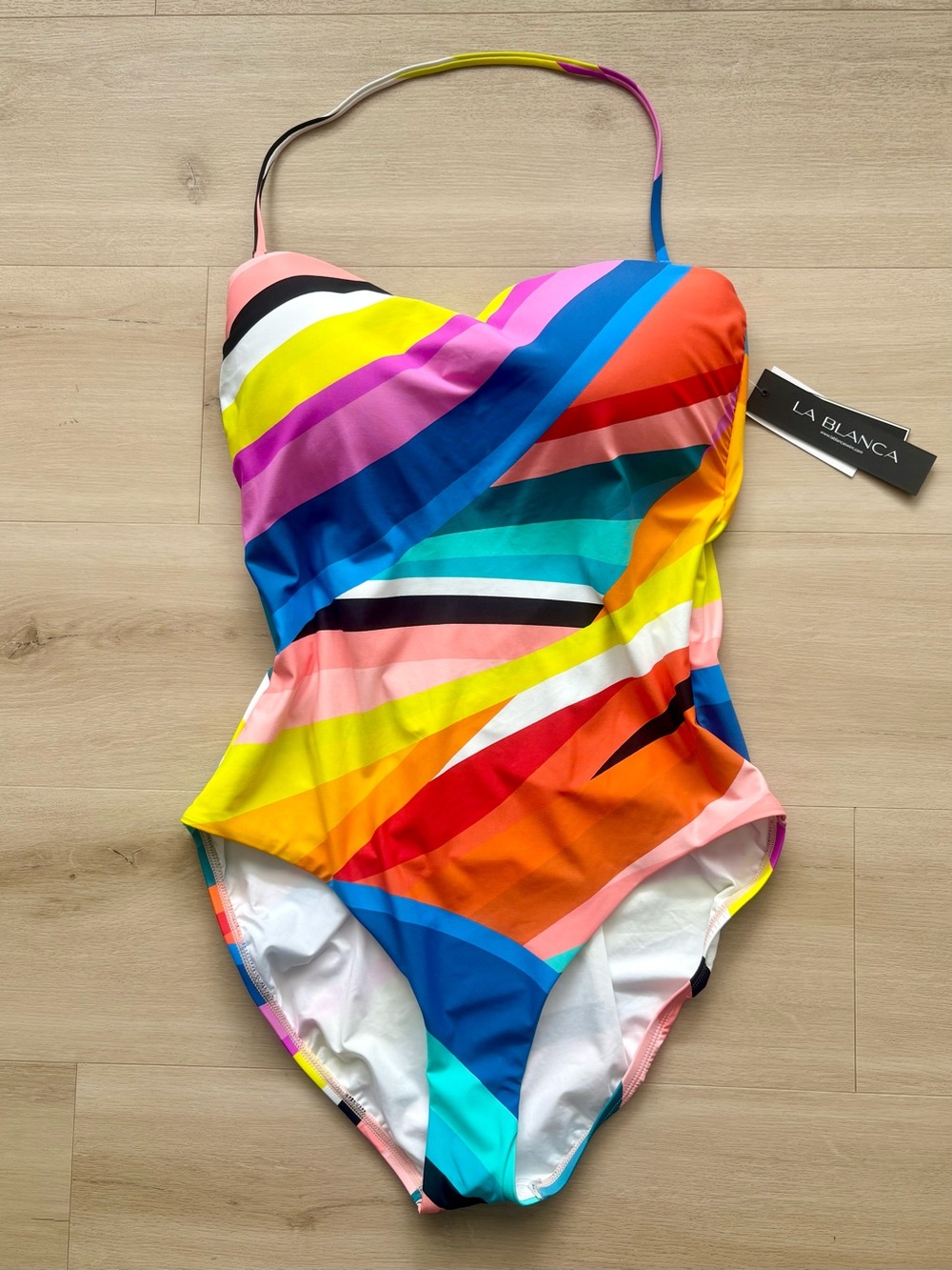 NWT La Blanca Sunscape Bandeau Mio One Piece Swimsuit size 14 Bright Stripe